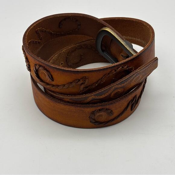 Levi’s Men’s Tooled and Braided Stitched Brown Leather Belt Western Hippy - Picture 1 of 11